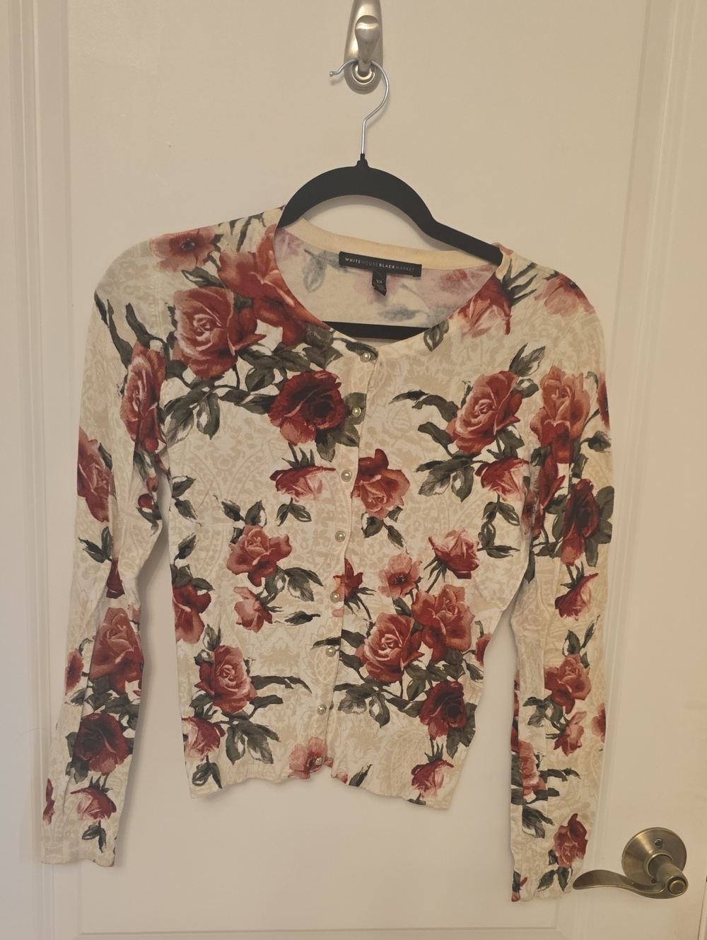 White House Black Market Cream Floral Button-Front Cardigan with Red Rose Print